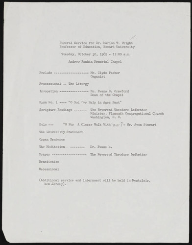 Funeral Service Program for Marion Thompson Wright, 1962 October 30