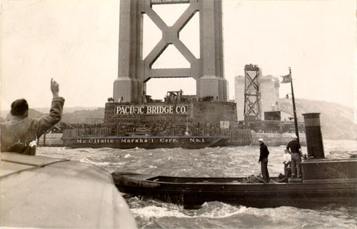 [Beginning of cable work during construction of the Golden Gate Bridge]