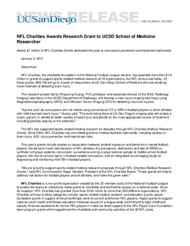 NFL Charities Awards Research Grant to UCSD School of Medicine Researcher--Nearly $1 million in NFL Charities Grants dedicated this year to concussion prevention and treatment nationwide