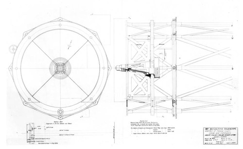 Technical drawing of the coude and cassegrain convex mirror mountings and cages of the Hooker telescope for Mount Wilson Observatory