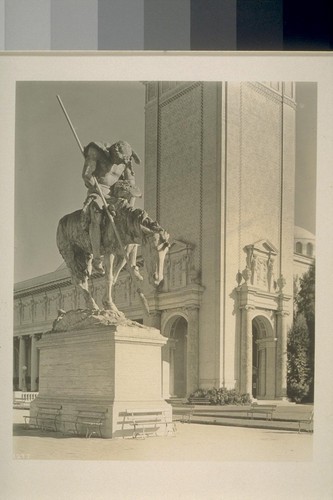 H297. [ "The End of the Trail" (James Earl Fraser, sculptor). Italian Tower, Court of Palms (George W. Kelham, architect), in background.]