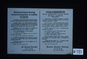 Bekanntmachung betreffend Bestandsanmeldung von Schnittabak und Zigaretten. ... Kalisch, den 28. Februar 1916. ... Ogloszenie. ... Niemiecki Naczelnik Powiatowy, Hahn, Tajny radca rejencyjny