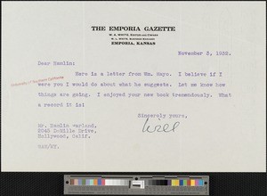 William Allen White, letter, 1932-11-03, to Hamlin Garland