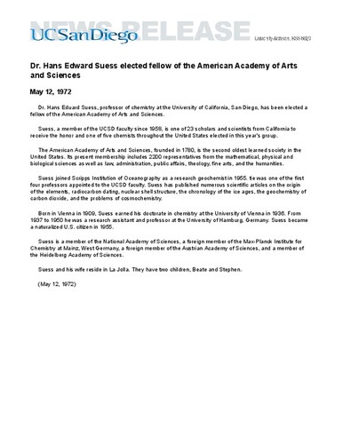 Dr. Hans Edward Suess elected fellow of the American Academy of Arts and Sciences