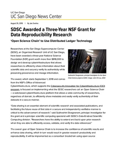 SDSC Awarded a Three-Year NSF Grant for Data Reproducibility Research