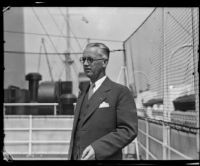 Dr. Edward B. Jones on shipboard upon his return form Hawaii, San Pedro, 1932