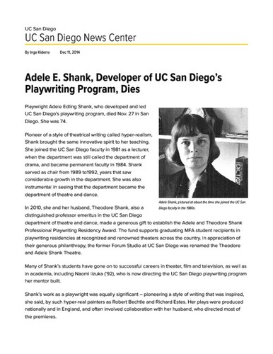 Adele E. Shank, Developer of UC San Diego’s Playwriting Program, Dies