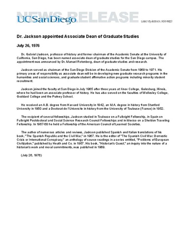 Dr. Jackson appointed Associate Dean of Graduate Studies