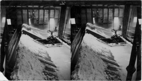Aprons & Rakes of the "Grainer" - open vats where brine is evaporated by steam & then salt is pushed by rakes over aprons & down automatic belt conveyor at left which sends salt down to storage floors as seen in #1 (above)