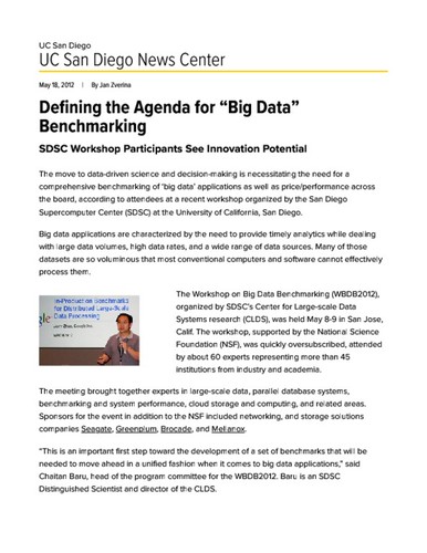 Defining the Agenda for “Big Data” Benchmarking
