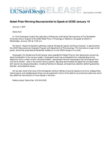 Nobel Prize-Winning Neuroscientist to Speak at UCSD January 10