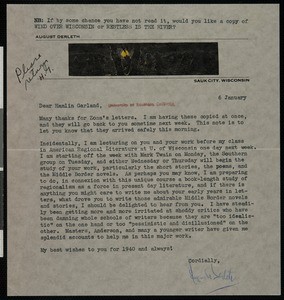 August W. Derleth, letter, to Hamlin Garland