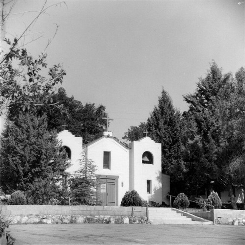 Mission Barona façade from left in Lakeside area of San Diego County, CA