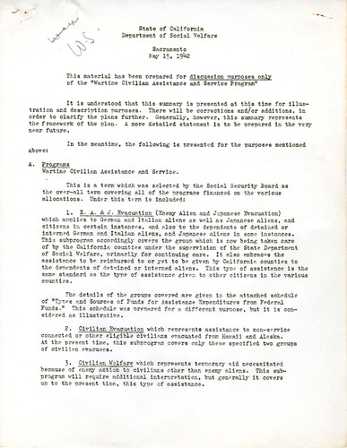 Outline Summarizing the Wartime Civilian Assistance and Services Program