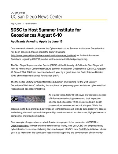 SDSC to Host Summer Institute for Geosciences August 6-10
