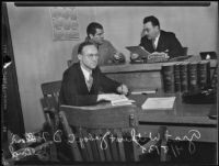 Grant Withers in court with Judge Cecil D. Holland and court reporter James Morris, Beverly Hills, 1935