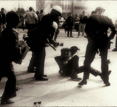 Police and student demonstrators meet on the campus of San Fernando Valley State College, January 8, 1969