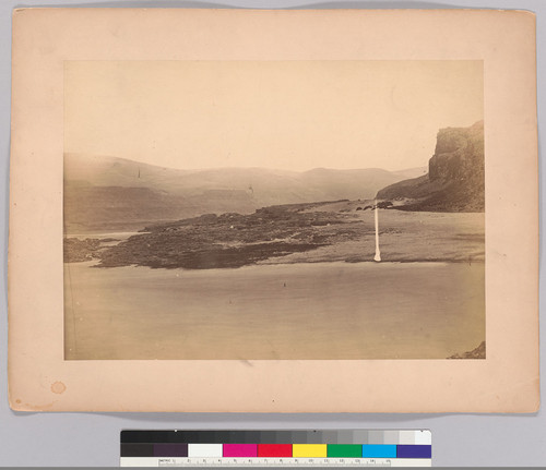 [Scene on the Columbia River at the Dalles with tipi in the middle distance.]