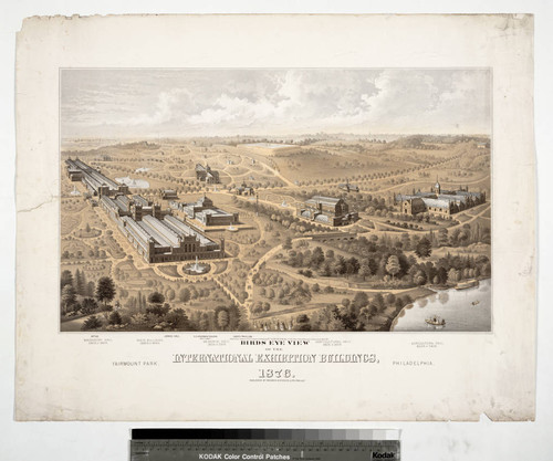 Birds eye view of the International Exhibition buildings, 1876. Fairmount Park, Philadelphia