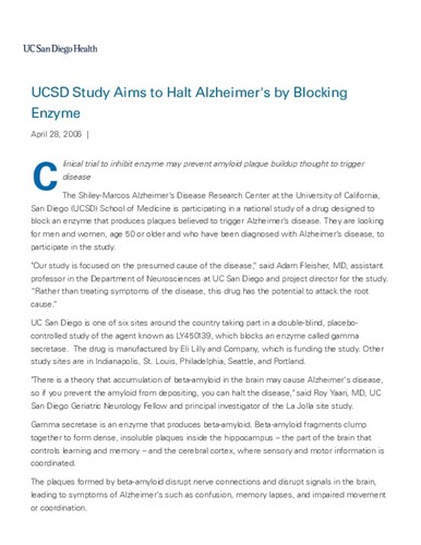 UCSD Study Aims to Halt Alzheimer's by Blocking Enzyme