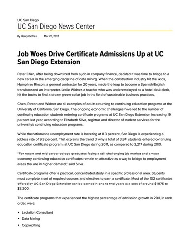 Job Woes Drive Certificate Admissions Up at UC San Diego Extension