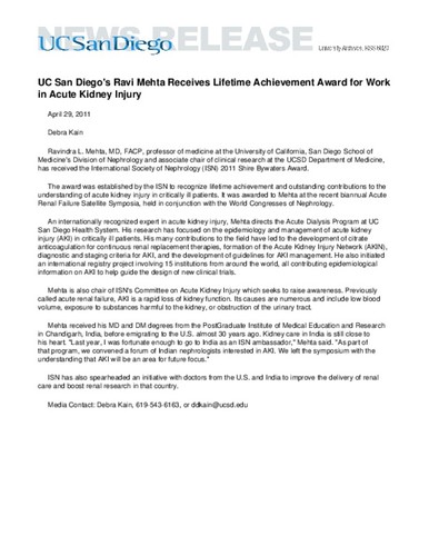 UC San Diego's Ravi Mehta Receives Lifetime Achievement Award for Work in Acute Kidney Injury