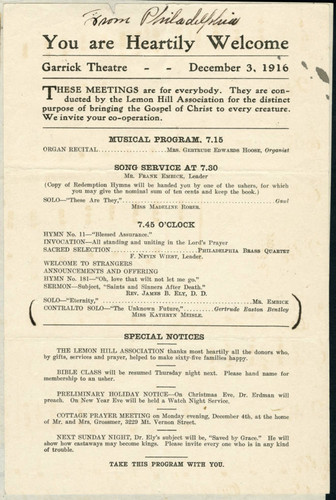 Lemon Hill Association church program, 1916 December 3