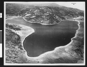 Aerial view of Baldwin Lake, Big Bear Valley, looking west, ca.1930