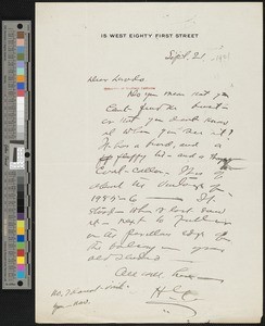 Hamlin Garland, letter, 1921-09-21, to Lorado Zodac Taft