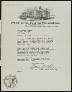 Dante M. Pierce, letter, 1922-10-18, to Hamlin Garland