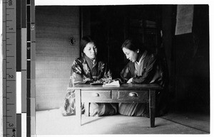 Miss Watanabe instructing catechumen, Peng Yang, Korea, ca. 1920-1940