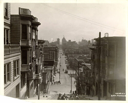 [Group of children on Kearny, looking towards Market, uphill from Broadway]