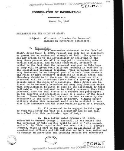 William J. Donovan memo to chief of staff regarding allotment of grades for personnel engaged in subversive activities