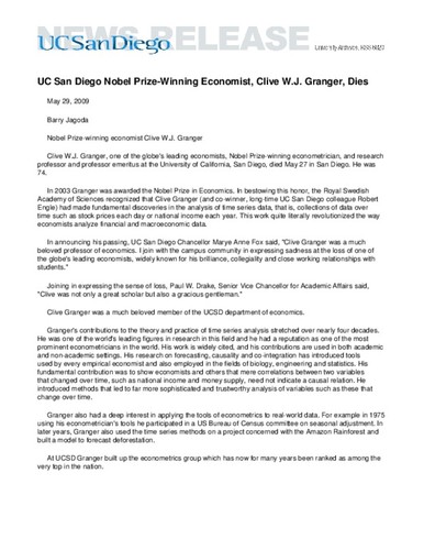 UC San Diego Nobel Prize-Winning Economist, Clive W.J. Granger, Dies