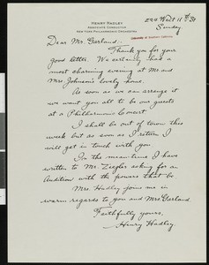Henry Kimball Hadley, letter