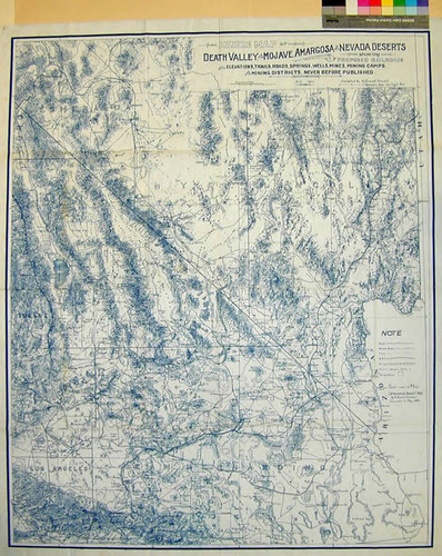 Miners Map of Death Valley, the Mojave, Amargosa and Nevada Deserts showing proposed railroads also elevations, trails, roads, springs, wells, mines, mining camps, and mining districts. Never before published / Compiled by A. Russell Crowell, Manvel, Cal [crossed out] Las Vegas, Nevada