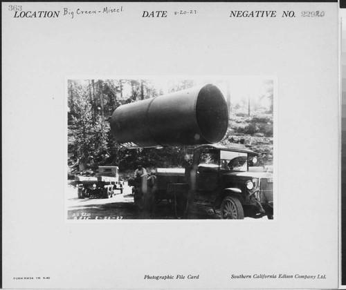 Big Creek, Miscellaneous - Contract trucks with overload trailer wheels, used for hauling pipe for Mono-Bear Siphon