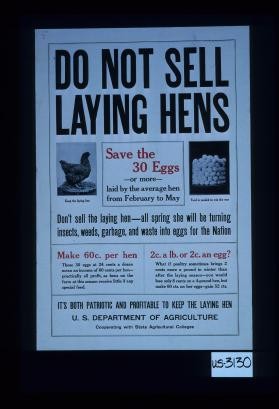 Do not sell laying hens. Save the 30 eggs - or more - laid by the average hen from February to May. Don't sell the laying hen - all spring she will be turning insects, weeds, garbage, and waste into eggs for the nation