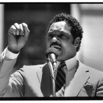 Jesse Jackson, the civil rights activist, founder of Rainbow/PUSH, and Baptist minister who ran for president in 1984 and 1988 and served as the first U.S. Shadow Senator from D.C. He is speaking to a crowd at L.A. City Hall on primary day