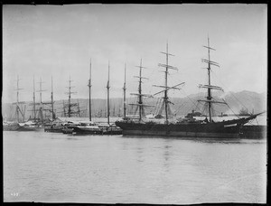 Sailing vessels at wharf in Honolulu harbor, ca.1892-1907