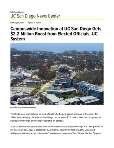 Campuswide Innovation at UC San Diego Gets $2.2 Million Boost from Elected Officials, UC System