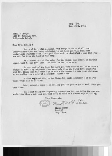 Letter, 1945 Nov. 23, Cody, Wyo. to Estelle Ishigo, Hollywood, Calif