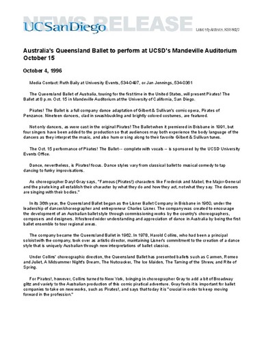Australia's Queensland Ballet to perform at UCSD's Mandeville Auditorium October 15