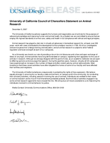 University of California Council of Chancellors Statement on Animal Research