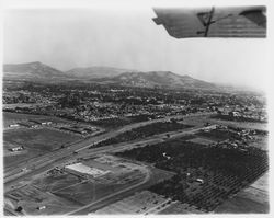 Aerial view of Coddingtown, Guerneville Road, Steele Lane, Highway 101 area, Santa Rosa, California, 1962