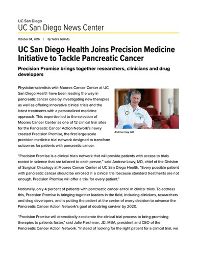 UC San Diego Health Joins Precision Medicine Initiative to Tackle Pancreatic Cancer