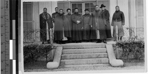 A group of men standing on the steps of a school, Shanghai, China, 1935