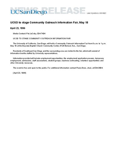 UCSD to stage Community Outreach Information Fair, May 18