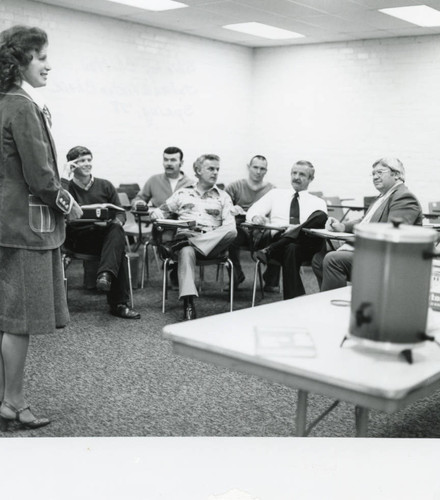 Shirley Chilton speaking at meeting, circa 1978