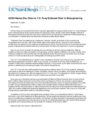 UCSD Names Shu Chien to Y.C. Fung Endowed Chair in Bioengineering